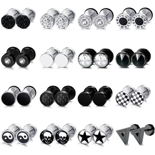 16 Pairs Fake Gauge Earrings for Men & Women, Stainless Steel Studs, Fake Ear Plugs, Star Design Jewelry, Stud Earrings, Ear Accessories, Earring Pack