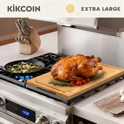 Kikcoin Multi-Size Rectangular Bamboo Stovetop & Oven Cover - Kitchen Accessory with Handle Grip, Juice Groove, Knife-Friendly Surface for Knives, Durable Chopping Board, Easy Maintenance, Space-Expanding Corner Solution (2XL/4XL/5XL)