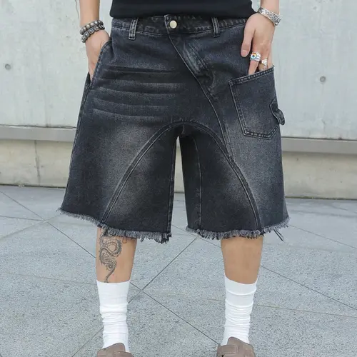 Men's Summer Denim Shorts, Casual Pocket Shorts, Vintage American Style, Trendy Irregular Asymmetrical Pockets, New Fashion Five-Quarter Pants
