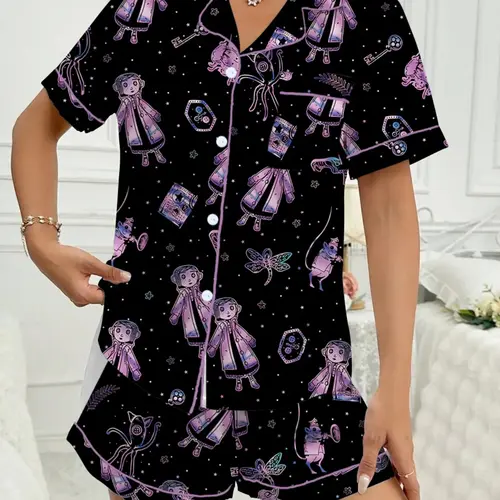 Ladies Coraline Print Short Sleeve Pajama Set, Comfortable Soft Sleepwear and Loungewear, Cute Fit Pjs for Summer, Shorts Pajama