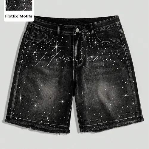 American Streetwear Summer Denim Five-Quarter Shorts, Black/Retro Blue, Unique Rhinestone Loose-Fit Wide-Leg Design
