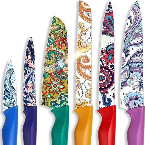 Astercook Paisley 6-Piece Colorful Kitchen Knife Set with Block - Includes Bread Knife Blade, Essential Utensils, Portable Travel Kitchen Supplies for Home Cooks, Ideal for Halloween, Christmas, Birthday, Wedding Gifts