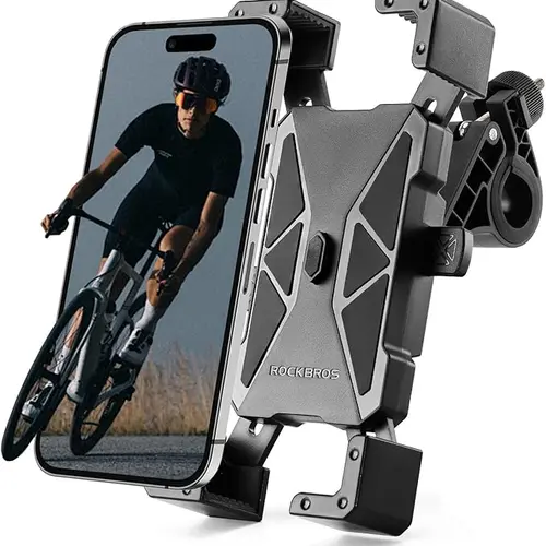 ROCKBROS Durable Bike Mobile Phone Holder - 4.7"-7" Smartphones, iPhone 16/15 Pro Max/Plus, Samsung S9/S10, Black, Shockproof TPU Silicone Cushioning, 1-Second Locking, Easy Installation, Universal Mobile Accessories Compatibility