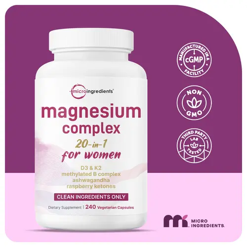 Magnesium Complex for Women, 240 Vegetarian Capsules | 20-in-1 Formula - Magnesium Blend with Vitamin D3, K2, Ashwagandha & More | Filler Free, Non-GMO