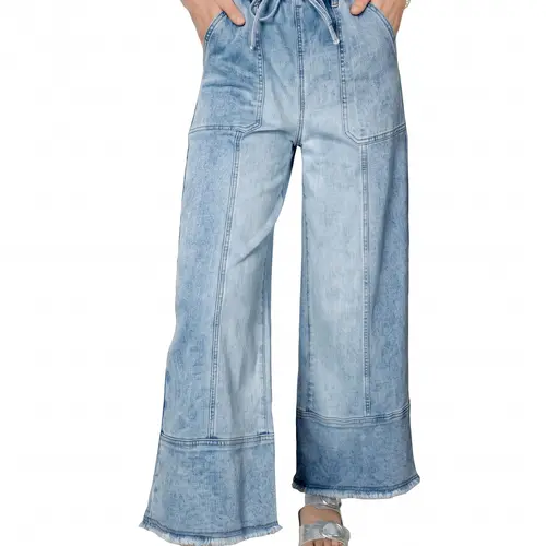 Shewin Summer Outfit Women's Drawstring Elastic Waist Wide Leg Jean - Patchwork Seam Frayed Cuff Hem Casual Denim Pant for Daily Outings   DealsForYouDays,back to school shopping,clothes for back to school,first day of school outfits,sohochic