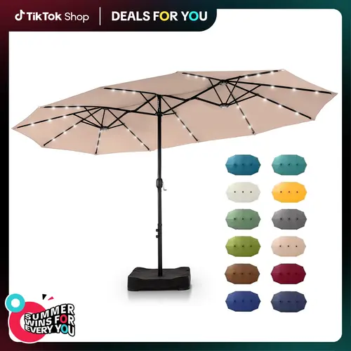 PHIVILLA 15 FT Large Outdoor Double-Sided Rectangle Umbrella with LED Lights & Crank Handle, Waterproof & UV Resistant, Day & Night Use