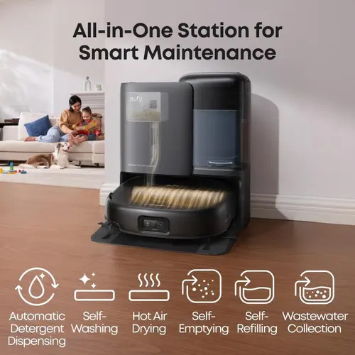 eufy E25 Omni Robot Vacuum-and-Mop Combo,HydroJet System, 20,000Pa Turbo Suction, Zero-Tangle Design, Edge-to-Corner Deep Cleaning, Obstacle Avoidance, Auto-Empty & Self-Cleaning All-in-One Station, Vacuum Cleaner