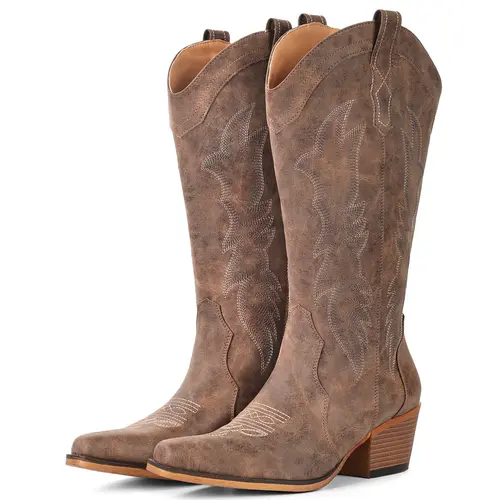 IUV Women's Cowboy Boots – Cowgirl Western Boots, Western Retro Style Pointed Toe, Chunky Heel, Mid-Calf, Retro Embroidery.  Perfect for Country Concerts, Dancing, Weddings, Travel & Daily Wear
