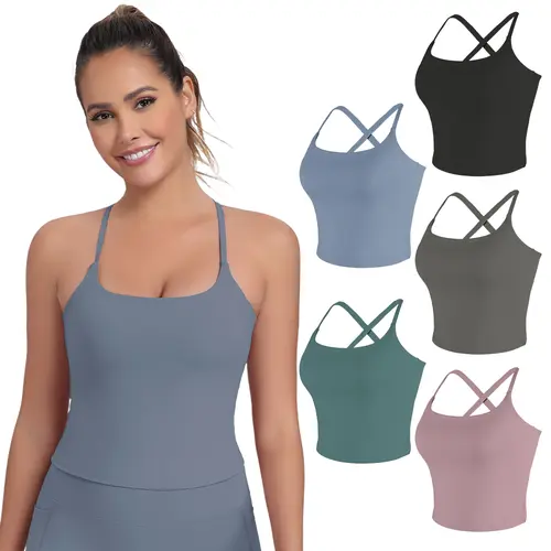 Women's 1/3/5 PCS Adjustable Strap Built-in Bra Tank Top - Scoop Neck, Convertible Back, Slim Fit, Padded Lining, Soft Stretch Fabric, Longline Workout Top for Yoga, Gym & Fitness