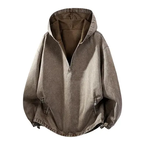 Men's Pure Cotton Washed Hooded Longsleeves Sweatshirt - Spring Trend, Loose V-Neck, Soft Breathable, Menswear Top; Retro Denim Vibe Half-Zip Washed Jacket, Zip Pockets, Elastic Hem Cuffs, Everyday Wear, S, Halloween, Christmas