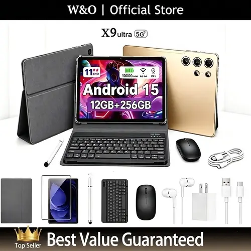 W&O 2026 11in Android 15 Tablet - 12GB(6+6) RAM+256GB Expandable Storage, HD Display, 10000mAh Battery, 5G Wireless WiFi, Keyboard Set Bundle (Keyboard, Mouse, Case, Stylus), Dual Camera, for School Work, Valentine’s Day Gift,sohochic