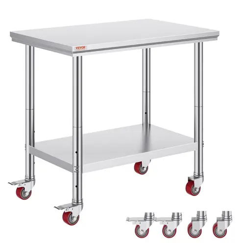 VEVOR SUS201 Rust-Resist Stainless Steel Work Table, 36x24 in Heavy Duty Food Prep Table with 4 Smooth Casters (2 Brake Wheels for Steady Load), Adjustable Shelf for Commercial Kitchen, Restaurants, Garage