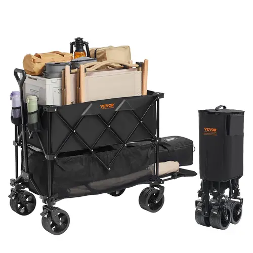 VEVOR Foldable Double Decker Wagon - Compact, Practical Family Outdoor Trolley with All-Terrain Wheels, 52" Extra Long Extender, Storage-Ready for Camping, Shopping#BackToSchool, Wagon Cart, Oxford Fabric
