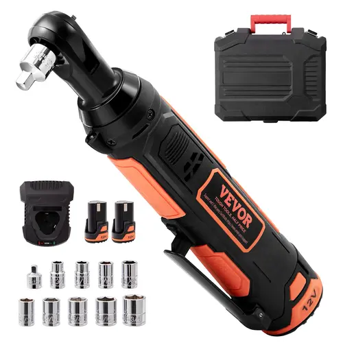 【toolupgrade】VEVOR 3/8" Cordless Electric Socket Ratchet Wrench Set, 12V Mechanic Work & Car Tool with Rubber Grip, 33 Ft-lbs High Torque, 45 Min Fast Charge, 2 Pack 2.0Ah Batteries, Built-in LED Light, Tool Box, Power Tool Accessory