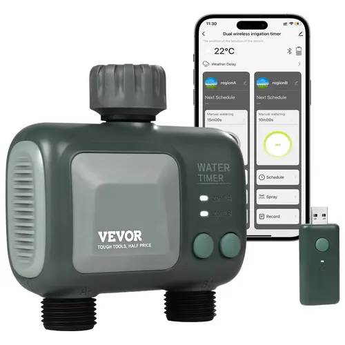 VEVOR WiFi Sprinkler Timer,  , 2 Outlets, Smart Hose Faucet Water Timer with Brass Inlet, APP Control via 2.4Ghz WiFi or Bluetooth, Voice Control with Alexa and Google Assistant, IPX6 for Yard Watering#SohoChic