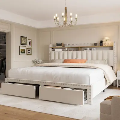 Raybee Premium Upholstered Bed Frame with Storage for Queen/King/Full/Twin, No Mattress Luxury Neilhead Trim Bedframe with Headboard and Bookcase Shelves & Side Pockets, Heavy Duty 880LBS Capacity for Apartment, NO Noise, No Box Spring Needed, Beige, Gray