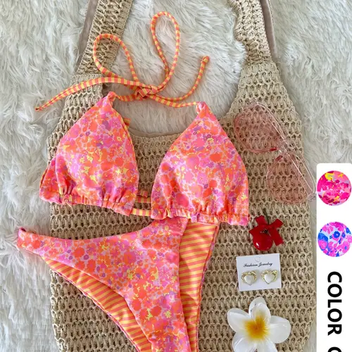 Women's Two-Piece Bikini Swimsuit Set, Floral Print Swimsuits, Printed Bikini, Beach Bikinis, Vacation Beachwear, Comfortable Fit, Sexy Tie-Neck Ditsy Floral Stripe Design, Ideal for Pool Parties, Swimsuit Summer, Bikini Sets