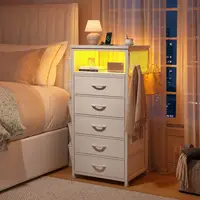 Raybee Tall Nightstand with LED Lights & Charging Station, Narrow  Dresser with 4 Drawers & Side Pockets & Hanging Hooks, Tall Storage Tower End Side Table for Living Room, Dorms, Apartment, Entryway, Bedside Organizer Hub, Printer Stand