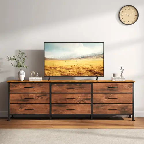 Sweetcrispy 9-Drawer Space-Saving TV Stand - Sturdy Metal Frame TV Console Cabinet, Adjustable Feet Prevent Tipping, Accommodates Up to 75in TVs, Indoor Living Room Furniture, Tv Dresser, Modern