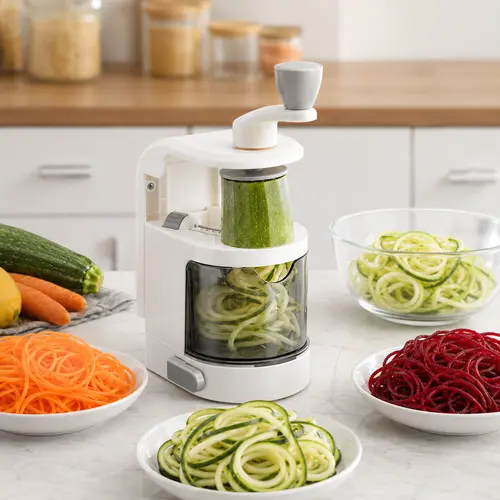 Summerwins 4-IN-1 Modern Plastic Vegetable Spiralizer with Handle - Stainless Steel Rotating Blades, Strong Suction Cup, 4 Cut Styles, Rotate to Cut, Rustproof Kitchen Utensil for Zucchini Noodles, Easy Cutting