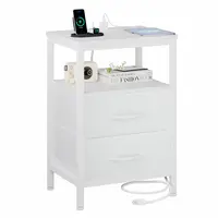 Sweetcrispy Black Wood Nightstand with Charging Station - 2 Fabric Drawers, 2 AC Outlets, USB Ports, Metal Frame, Bedroom Storage Bedside Table, Living Room Decor, Room Decor Apartment Furniture