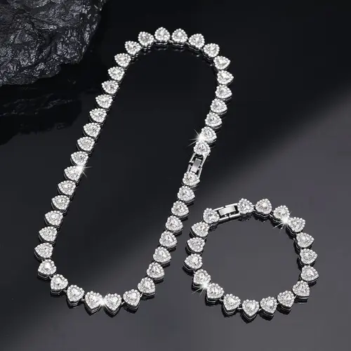 2pcs Set Heart Shaped Cuban Chain Necklace Set for &,Hip Hop Style Choker Set,Luxurious Jewelry Set for Valentine's Day Gifts, Birthday,Everyday & Party Wear, for Teenager