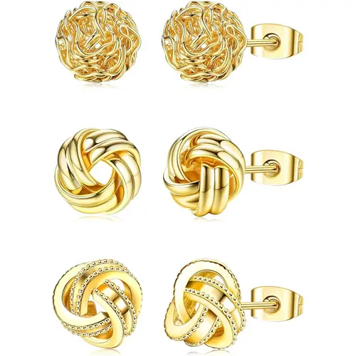 CASSIECA 3 Pairs Love Knot Earrings For Women Girls 14K Gold Plated Woven Ball Stud Earrings Love Knot Post Earrings for Sensitive Ears
