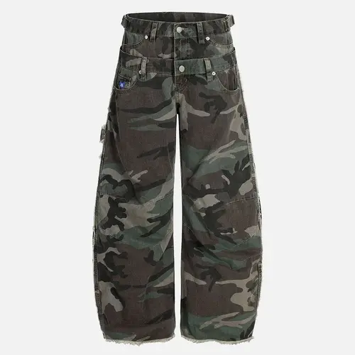 Aelfric Eden Men's Oversized Camouflage Military Pants - High-Waist Double Waistband, Multi-Pocket, Raw Hem, Wide-Leg Barrel, Unisex Streetwear Clothing, Wrinkle Knees, All-Season, Embellished Menswear Men's Clothing,sohochic