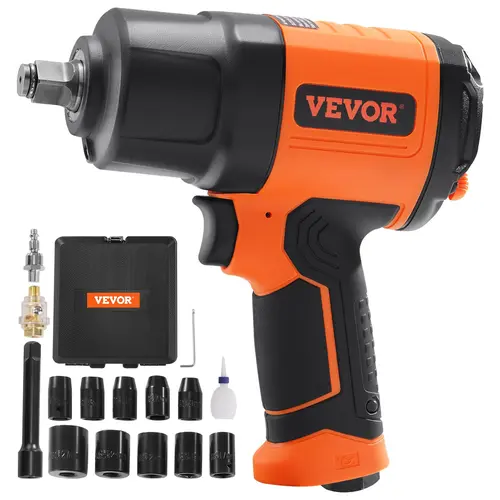 VEVOR High Torque Pneumatic Impact Wrench, 4.6 lb CR-V Steel Tool with 4-Position Combined Forward/Reverse, 5" Extension Bar, Summervibes Drive Air Gun, 11-Pc Lightweight Set for Auto Repairs, Wheel Lugs, High Torque Impact,toolupgrade
