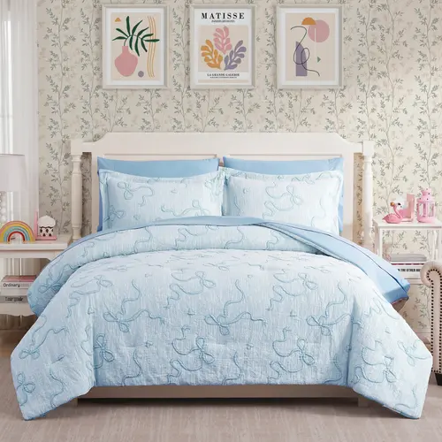 【Back to School】 Comforter Set for Girls- 5/7 Pieces Bowknot Jacquard Bed in A Bag Twin Bedding Sets with Sheets, Pillowcases & Shams, All Season Comforter Set