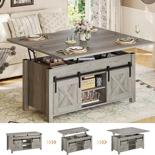 Sikaic Lift Top Coffee Table, 4 in 1 Multi-Function Convertible Coffee Tables with Storage and Hidden Compartment, Farmhouse Coffee Table Converts to Dining Table for Living Room, Home Furniture Christmas Gifts [SohoChic]