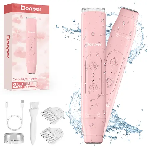 Donper Women's 2-in-1 Ergonomic Electric Foil Shaver & Bikini Trimmer, IPX7 Waterproof Razors for Women with Hypoallergenic Foil & Ceramic Blades, Travel Size for Batteries-Powered Shower Use