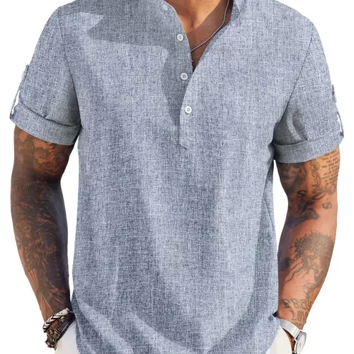 COOFANDY Men's Casual Henley Shirt Short Sleeve Band Collar Linen Shirt Summer Beach Hippie T-Shirts Menswear Tops
