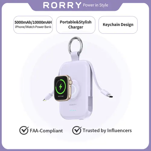 RORRY CharmGo 5000mAh Portable Charger Power Bank, Smart Mobile Power with Type-C Cable Keychain, Compact Mini Travel Essential Gift for Mobile Devices, Efficient Charging Accessories,summerwins,sohochic
