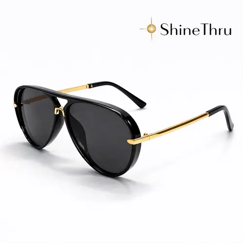 ShineThru Women's Aviator Sunglasses - Gold Trim Black Full-Rim UV400 Protection, Lightweight 60s Aesthetic Ryan Gosling Glasses Style, Modern Trendy Statement Frame Eyewear, Stylish Accessories