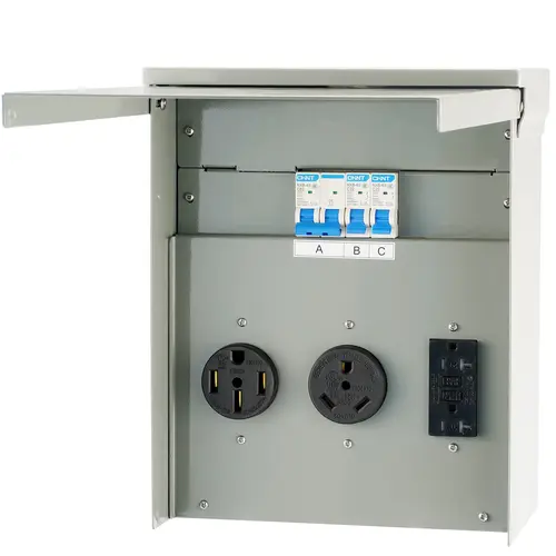 【toolupgrade】VEVOR Reliable & Durable Temporary Power Panel, 125/250V RV Box with 20/30/50A Receptacles, 15A GFCI, Grounding Wire, NEMA 3R Watersafe, UL-Tested for RV Camper Trailer