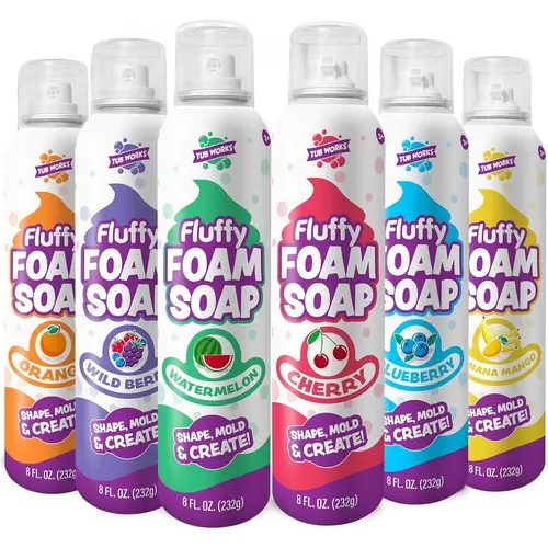 Tub Works Fluffy Foam Soap, Variety 6 Pack | Shape, Mold & Create Bath Art with Soft Bath Foam for Kids | Gentle, Cleansing Kids Bath Soap | Easy-to-Use Spray Nozzles | Fruity, Fun Bath Colors