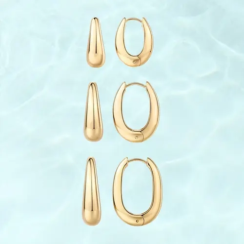 PAVOI Waterproof Set of 3 Chunky Hoop Earrings for Women - 14K Gold Plated Stainless Steel Oval Hoops - Thick Gold Earrings Set - Lightweight Trendy Summer Jewelry