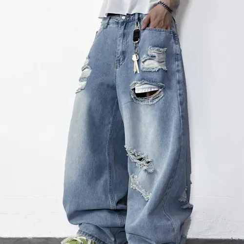 Men's Vintage Washed Distressed Pocketed Denim Jeans, Loose Fit High Street Style, Wide Leg Straight Long Jeans, Casual Fashion Streetwear Pocket, Jeans With Pockets, Vintage Clothing Men