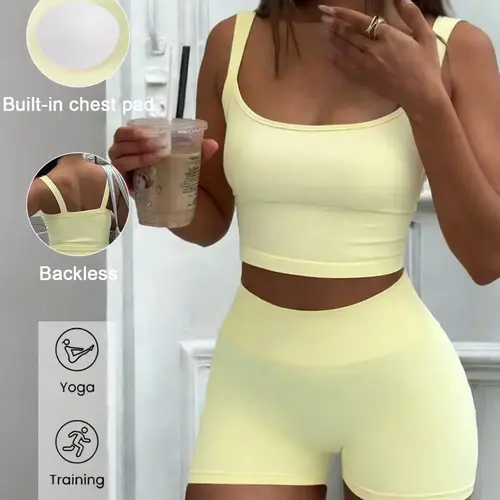 Women's High Waist Crop Top & Shorts Set, Sporty Slim Fit Seamless Design, Summer Fitness Outfit, Activewear Set for Yoga, Fitness, Running, Backless Gym Clothes, Sportswear Set, Activewear Clothing, Seamless Workout Sets