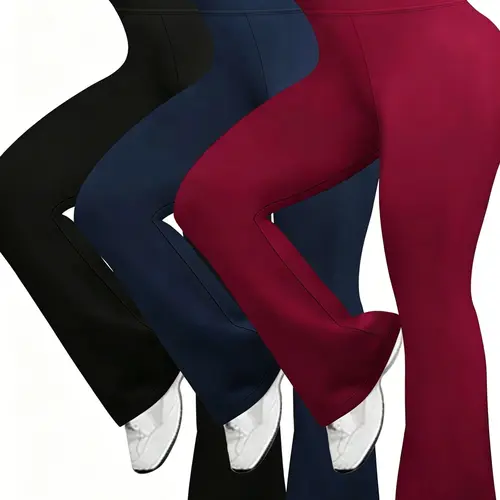 Women's 3-Pack (3pcs) Formal High-Rise Flared Bell-Bottom Pants, Solid Color Medium-Stretch Fabric Trousers with Pockets, Wide-Leg Office Clothes, Machine Washable, Suitable for Gym & Yoga Womenswear Style