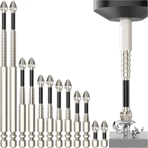 PH2 Magnetic Screwdriver Bit Set - 9 PieceK5 Impact-Resistant  S2 Steel Bits , Non-Slip Electric Screwdriver Bit 1/4" Hex, 25-150mm