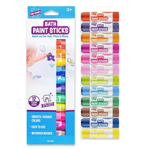 Tub Works Bath Paint Sticks 12-Pack - Classic, Non-Toxic, Phthalate-Free, Washable Twistable Solid Paint Sticks for Easy Grip, 3+ Years Kids' Creative Craft Kit for Vibrant Tub Wall Drawing