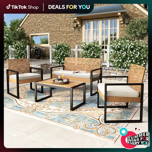 PHIVILLA 4-Piece Patio Conversation Set - Wicker Chairs, Acacia Wood Coffee Table, Solid Wood Tabletop, Durable & Stylish Outdoor Design Furniture, TikTokShopBackToSchool