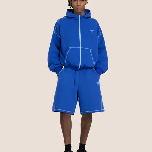 Aelfric Eden Menswear Cloud Boxy 2-Piece Loungewear Set - Smooth Spandex Zip-Up Jacket, Baggy Contrast Stitch Shorts, Kangaroo Pocket, Oversized Unisex Casual Outfit,sohochic