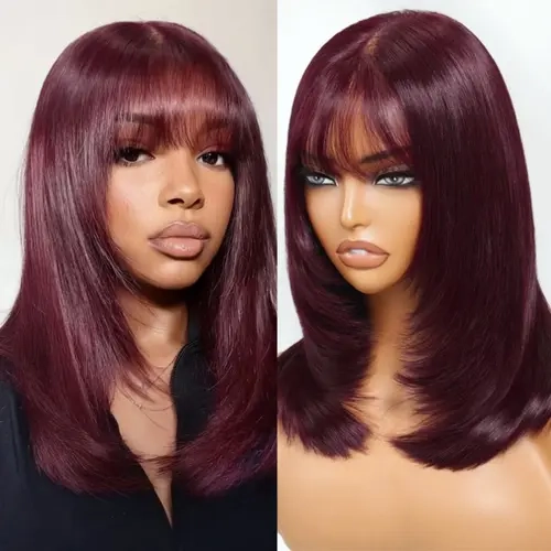 Unice Black Cherry Layered Bob Wig with Face Framing Bangs 7x5 Bye Bye Knots Lace Wig with Drawstring Glueless Human Hair Wigs,sohochic