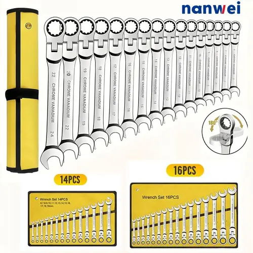 NANWEI 14/16-Piece Flex-Head Ratcheting Wrench Set, Cr-V Steel 72-Teeth Flexible Combination Wrenches with 6-22mm Combination Ends, Pouch-Ready Hand Tool Kit with Rolling Pouch