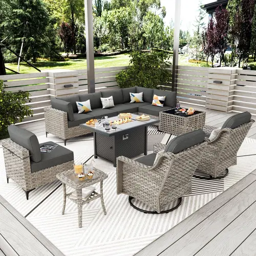 【SohoChic Sale】OVIOS 11-Piece Outdoor Patio Furniture Set with 42" Fire Pit Table, Swivel Rocking Chairs & Solar LED Coffee Table, All-Weather Wicker Rattan Sectional Sofa Conversation Set with Cushions