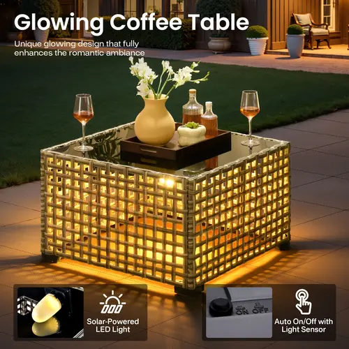 【SohoChic Sale】OVIOS Outdoor Patio Side Table with Solar LED Light, All-Weather Wicker Rattan Coffee End Table for Backyard, Patio, Porch, Deck, Garden, Balcony & Poolside