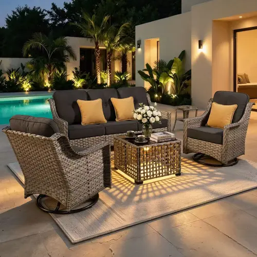 【SohoChic Sale】OVIOS 5-Piece Outdoor Patio Furniture Set with Solar LED Coffee Table & Swivel Rocking Chair, 3-Seat All-Weather Wicker Rattan Sofa Conversation Set with Cushions for Backyard, Patio, Porch & Poolside
